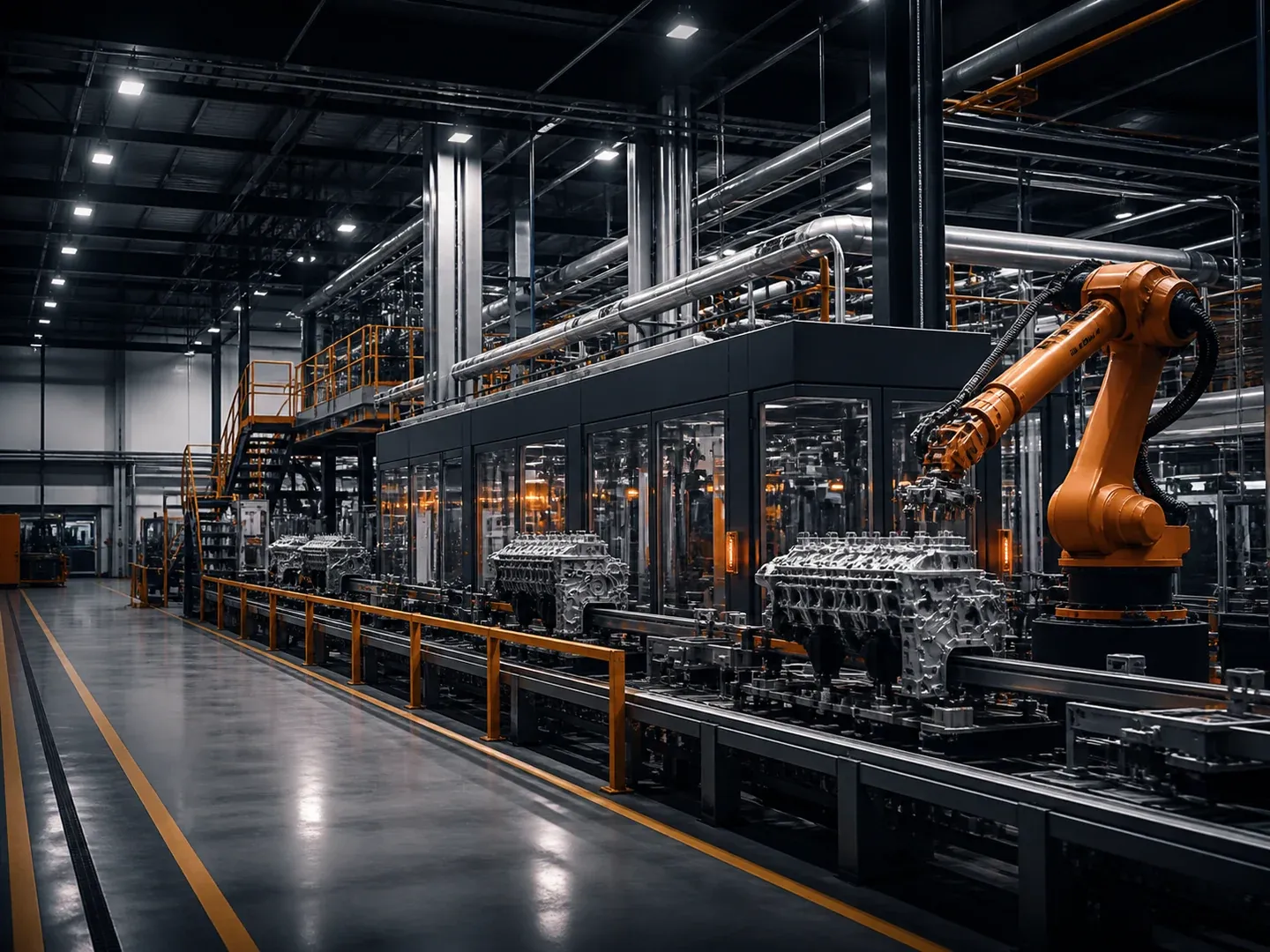 Planta de manufactura con línea automatizada y brazos robóticos