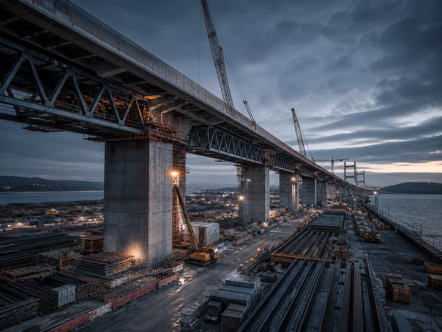 Proyecto de infraestructura con puente, grúas y materiales de construcción