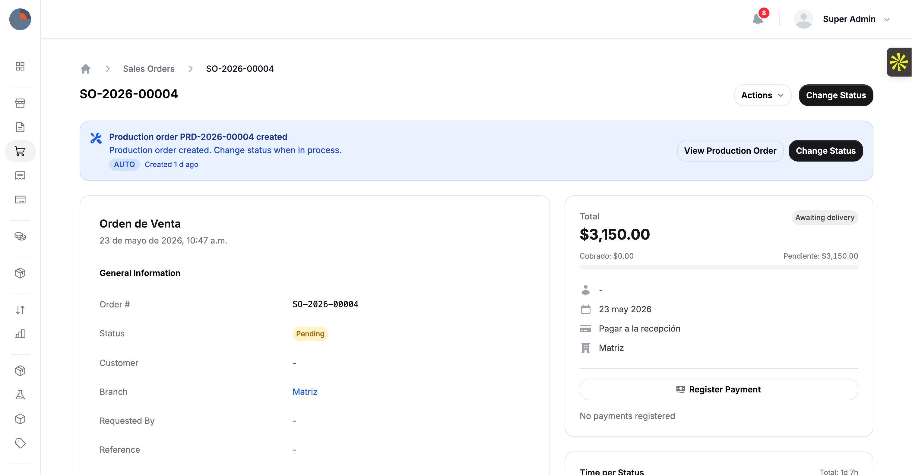 Nucleu ERP — Detalle de orden de venta SO-2026-00004 con orden de producción creada y resumen de cobranza.